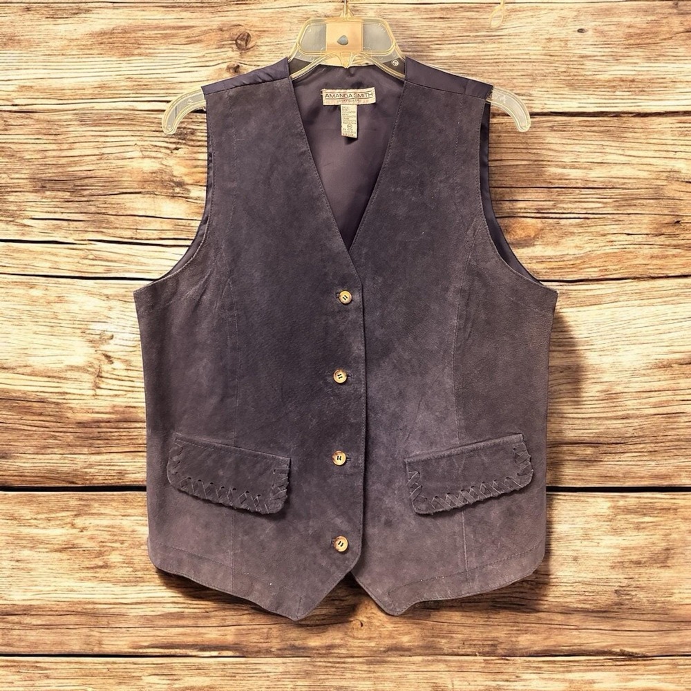 VTG Amanda Smith Silky Suede 100% Suede NAVY BLUE Leather Vest Bow Tie Women's M